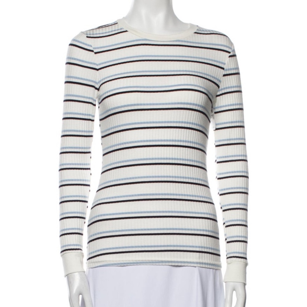 FRAME 70s Vintage Striped Multi Striped Crewneck Fitted Top Sz M Blue Navy